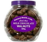 Natural Health 4 Life Carol Anne Confectionery Milk Chocolate Walnuts 400g, Chocolate Covered Nuts in Recyclable Gift Jar, 10.3g Protein per 100g, Ideal for Snacking, Baking - Made in UK (1 Jar)