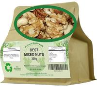 Natural Health 4 Life Whole Mixed Nuts 300g, 4 Nut Mix Walnuts, Almonds, Cashew Nuts, Pecans, Vegan, Gluten Free, No Peanuts, High Protein and Fibre, Low Sugar Snack in Kraft Pouch (1 Pouch)