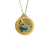 Natural Hetian Jade Ancient Craft Enamel Porcelain Chinese Style Lotus Necklace Retro Round Plaque Pendant Ladies Jewelry