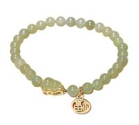 Natural Hetian Jade Bracelet Feng Shui Lucky Wu Lou/Chinese Fu Character Charm Pendant Round Nephrite 6Mm Beaded Bracelet Talisman for Women Wealth Good Luck Prosperity Meditation Yoga,Fu Cinnabar
