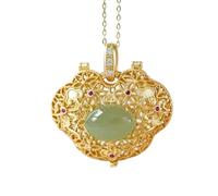 Natural Hetian Jasper Geometric Open Hollow Pendant Necklace Chinese Retro Light Luxury Charm Women Silver Jewelry (Gem Color : Necklace 45 cm)