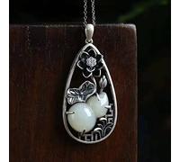 Natural Hetian White Chalcedony Hollow Pendant Necklace Chinese Style Retro Gourd Lotus Ethnic Style Female Jewelry (Gem Color : Gold, Length : 50cm)
