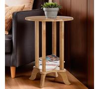 Natural Hevea Wood Round Side Table with Curved Feet and Lower Storage Shelf | H