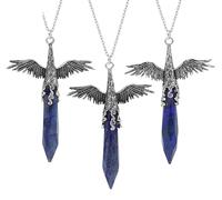 Natural Hexagonal Stone Pointed Crystal Pendant Necklace for Women Men|Punk Wing Charm with Silver Chain Amulet Choker Jewelry Gifts Lapis Lazuli 2 Pcs
