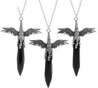 Natural Hexagonal Stone Pointed Crystal Pendant Necklace for Women Men|Punk Wing Charm with Silver Chain Amulet Choker Jewelry Gifts Obsidian 1 Pcs