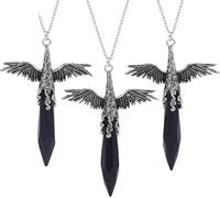 Natural Hexagonal Stone Pointed Crystal Pendant Necklace for Women Men|Punk Wing Charm with Silver Chain Amulet Choker Jewelry Gifts Blue Sand 1 Pcs