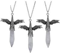 Natural Hexagonal Stone Pointed Crystal Pendant Necklace for Women Men|Punk Wing Charm with Silver Chain Amulet Choker Jewelry Gifts White Crystal 2 Pcs