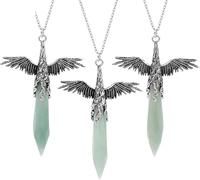 Natural Hexagonal Stone Pointed Crystal Pendant Necklace for Women Men|Punk Wing Charm with Silver Chain Amulet Choker Jewelry Gifts Aventurine 2 Pcs