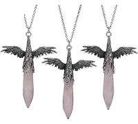 Natural Hexagonal Stone Pointed Crystal Pendant Necklace for Women Men|Punk Wing Charm with Silver Chain Amulet Choker Jewelry Gifts Rose Quartz 1 Pcs