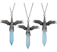 Natural Hexagonal Stone Pointed Crystal Pendant Necklace for Women Men|Punk Wing Charm with Silver Chain Amulet Choker Jewelry Gifts Opal 1 Pcs