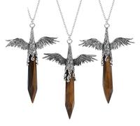 Natural Hexagonal Stone Pointed Crystal Pendant Necklace for Women Men|Punk Wing Charm with Silver Chain Amulet Choker Jewelry Gifts Tiger Eye 2 Pcs