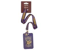 Natural History Museum Eevee The Evolution Pokémon Card Holder & Lanyard | A purple Pokémon lanyard patterned with gold Eevee graphics, featuring a detachable badge holder and matching gold charm.