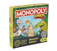 Natural History Museum Monopoly Junior Dinosaur Edition Family Board Game | Child-friendly prehistoric edition, navigate the board with T. rex and Velociraptor dinosaur tokens, suitable for ages 5+.