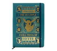 Natural History Museum x Pokémon Evolutions of Eevee A5 Hardback Notebook | Hardback journal featuring gold Vaporeon and Jolteon graphics, lined pages, an elastic closure, and sustainable FSC paper.