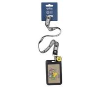 Natural History Museum x Pokémon Pikachu and Friends Card Holder & Lanyard | A monochrome lanyard patterned with Pikachu & Poké Ball icons, with a detachable badge holder and a yellow Poké Ball charm.