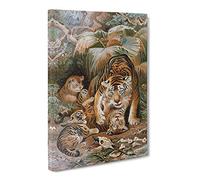 Natural History Tigers Canvas Print | Gallery Wrapped 30mm Frame Wall Art | 24x16 inches | Ready to Hang | Retro Animal Picture | Living Room Bedroom Lounge Office