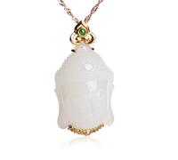 Natural Hotan Jade Buddha Head Pendant Female 18K Gold White Jade Necklace