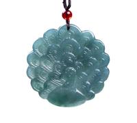 Natural Icy Blue Jadeite Peacock Fanning Tail Round Pendant Necklace Feng Shui Beauty ProsperityGood Fortune AmuletWithBraidedCord&RedAgateBead