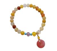 Natural Jade Bracelet Golden Silk Jade Turquoise Feng Shui Lucky Charm Agate Pendant Multi Gem Beaded Elastic Bracelet Talisman for Women Femininity Love Prosperity,Peach Cinnabar ( Color : Harmony Bu