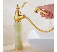 natural jade pull-out faucet all-copper hot and cold splash-proof faucet for bathroom, golden b - green jade - pull-out high
