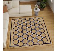 Natural Jute Area Rug 5x5 Hand Briaded Boho Rug Thick 0.27" Geometric Navy-Blue Circle & Border Square Rugs for Bedroom, Meditation Mat, Decorative Floor, Indoor Outdoor Carpet
