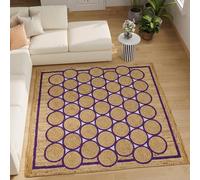 Natural Jute Area Rug 7x7 Hand Briaded Boho Rug Thick 0.27" Geometric Purple Circle & Border Square Rugs for Bedroom, Meditation Mat, Decorative Floor, Indoor Outdoor Carpet
