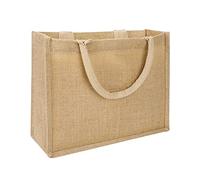 Natural Jute Shopper Bag with Padded Handles Reusable Tote Shopping Bag Burlap Grocery Bag Eco-friendly Shopping Storage Handbag Waterproof Lining Carrier Bag for Shopping Beach Picnic Party Gift Bag