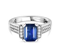 Natural Kashmir Kyanite Ring for Women - Emerald Cut Blue Kyanite with White Zircon Accents, Rhodium Overlay 925 Sterling Silver 2.23 Ct. - Size N