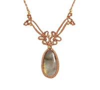 Natural Labradorite Boho Teardrop Pendant Necklace for Women Men, Handmade Woven Bohemian Crystal Gemstone Necklace Adjustable Jewellery Gift for Mum Wife Khaki