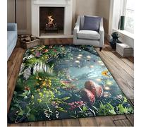 Natural Landscape Area Rug, 60x110cm Colorful Floral Mushroom Fantasy Forest Rug, Green Plant Leaves Butterfly Path Carpet, for Bedside Sofa Balcony Apartment Dormitory Rugs