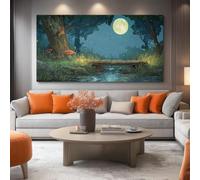 Natural Landscape Canvas Wall Art for Living Room, Forest River Night Scene Canvas Poster Decor, Dark Blue Pictures Painting on Print Canvas Wall Art for Living Room Bedroom Hallway Office, 90x60 cm