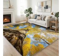 Natural Landscape Machine Washable Area Rug 120x170 cm, Living Room Forest Birch Trees Leaves Blue Sky Clouds Printed Rectangle Rug Yellow Bedroom Non-slip Carpet - Soft Low Pile Carpet Floor Decorate