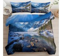 Natural Landscape Mountains Snow Rivers Print Duvet Cover Set, King Size Size Reversible Microfiber Bedding Sets Soft Aesthetic Blue Duvet Cover for Boys and Girls, Zipper Closure, Bedding