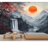 Natural Landscape Murals Mountain Wallpaper for Kids Room Waterfall Wallpaper Orange Sun Red Leaf Wall Paper for Bedroom Poster Living Room Dining Room Decor 100X70cm