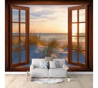 Natural Landscape Photo Wallpaper Wooden Frame Window Coastal Beach Sand Dunes Large TV Background, Wall Art 3D Murals 500 x 280 cm Wall Sticker Bedroom Living Room Hallway Sofa Backdrop Decor