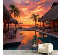 Natural Landscape Seaside Wallpaper Mural 250 x 175 cm Non-Woven Panoramic Custom Wall Covering, Pool Coconut Tree Fire Clouds Sunset Glow Photo Mural for Living Room Kitchen Dining Room Bedroom