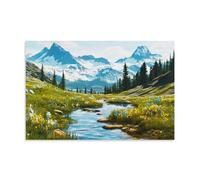 Natural Landscape Wall Art, Serene Mountain Meadow with Winding River Scenery, Rustic Nature Design, Hanging Paintings Poster for Living Room And Cozy Cabin Indoor Wall Decor 20x30inch(50x75cm)