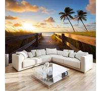Natural Landscape Wall Mural 300 x 210 cm Photo Wallpaper, Beach Dunes Sunrise Palm Trees Non-Woven Wall Mural Poster Modern Design for Living Room Bedroom Children's Room Corridor Decoration