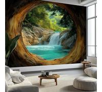 Natural Landscape Wall Mural 500 x 280 cm Photo Wallpaper, Tropical Rainforest Rock Cave Waterfall Non-Woven Wall Mural Poster Modern Design for Living Bedroom Children's Room Corridor Decoration