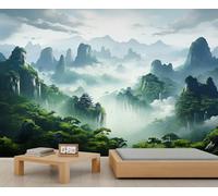 Natural Landscape Wallpaper Misty Mountain Custom Wallpaper Green Forest Wall Murals Traditional Oriental Architecture Bedroom Wall Paper Mural for Living Room Bedroom Kids Room Poster 250X175cm