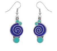 Natural lapis lazuli & turquoise gemstone chip inlay fashion drop dangle Tibetan earring for women, ethnic tribal bohemian boho style unique modern designer silver plated handmade earring jewellery