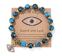 Natural Lava Stone Beads Bracelet Turkish Lucky Evil Eye Pendant Beaded Bracelets,Blue Turquo,21CM