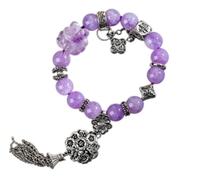 Natural Lavender Amethyst Healing Crystal Bracelet With Carved Auspicious Beast Charm & Antique Silver-Tone Floral Tassel Pendant