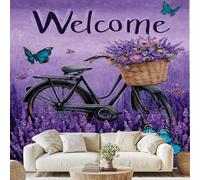 Natural Lavender Flower Sea Wall Mural Vintage Bike Butterflies Peel and Stick Photo Wallpaper 150x100 cm Romantic Pastoral Non-Woven Wall Stickers for Bedroom Living Room Poster Decoration Dv133y