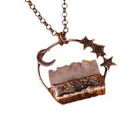 Natural Light Amethyst Druzy Moon & Stars Pendant Necklace - Raw Crystal Rectangular Boho Spiritual Jewelry for Women