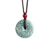 Natural Light Green Jadeite Carved Floral Peace Buckle Pendant Necklace Feng Shui Good Luck Protection Amulet With Braided Cord & Red Agate Bead