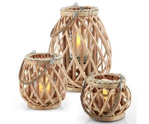 (NATURAL) LIVIVO 3Pcs Wicker Willow Candle Lantern Rope Basket Rustic Weave Natural Grey Hanging