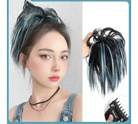 Natural Look Hair Pieces & Extensions, Women's Synthetic Messy Hair Bun Tousled Hairpiece with Elastic Band for Quick Updos,Human Hair Clip-In Ponytail Extensions(Black+Blue)
