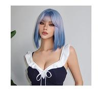 Natural-Looking， 14inch/35cm Blue Cosplay Synthetic Wigs Short Bob Straight Lolita Halloween Hair Wig with Bangs for Women Afro Heat Resistant,Flawless Style