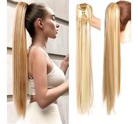 Natural Looking Ponytail Extension, Synthetic Fiber Clip-in Ponytail 70cm Straight Hairpiece 160g, Thick & Natural Looking Hair Extensions, Seamles(Light gold+white)